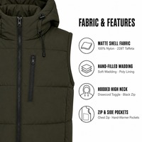 Blouson matelassé sans manches à capuche pour homme, fermeture éclair intégrale, poche poitrine, chauffe-mains, poches latérales, extérieur en nylon olive, vêtement d'extérieur pour superposition