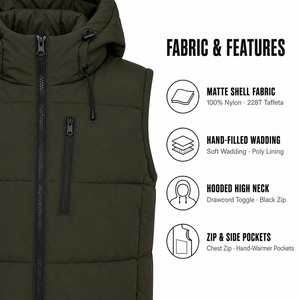 Blouson matelassé sans manches à capuche pour homme, fermeture éclair intégrale, poche poitrine, chauffe-mains, poches latérales, extérieur en nylon olive, vêtement d'extérieur pour superposition - Product Image 2