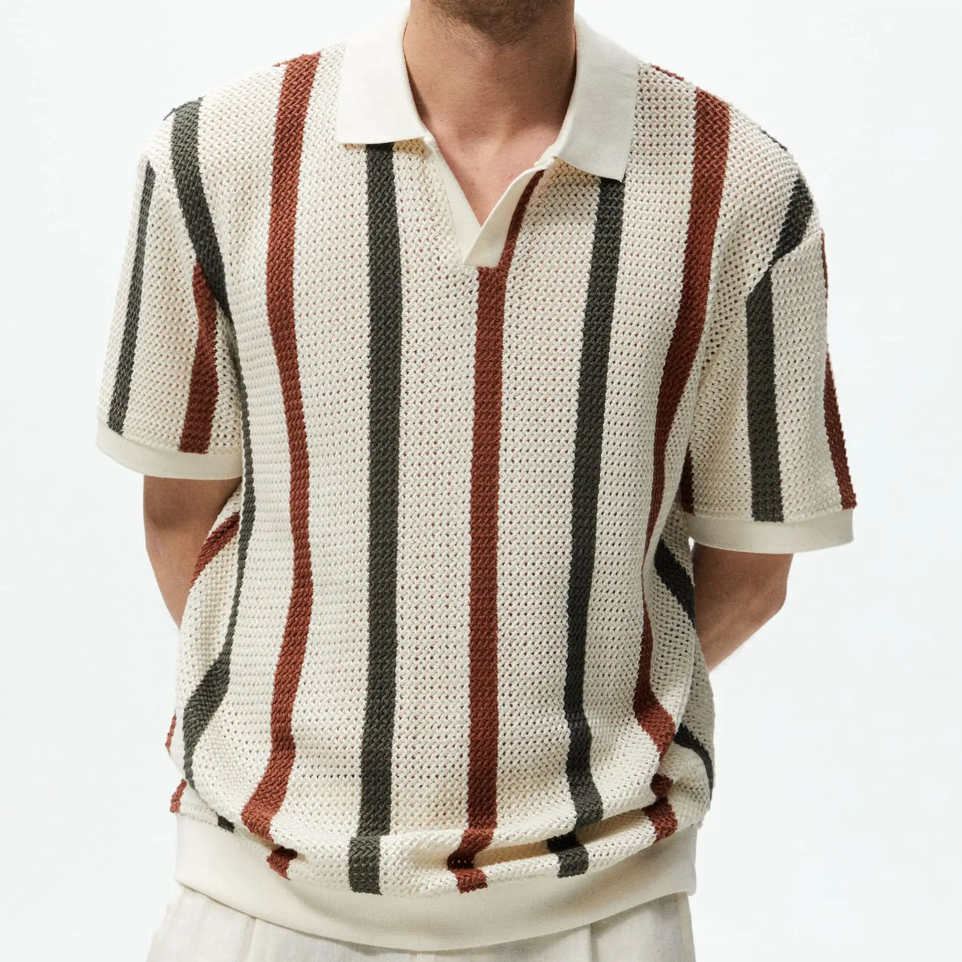 قمصان رجالي كاجوال بولو بأكمام قصيرة من المنتجات العشر الأعلى رواجًا في الصيف لعام 2024، قميص شاطئ مخطط مفرغ، قطع علوية منسوجة بطراز كلاسيكي للجولف