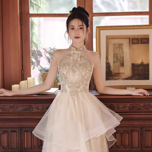 Halter-neck Evening Gown Champagne Color Empire Waist 3D Patterns Coming-of-age Ceremony Dress - Product Image 3