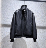 Blouson Bomber Noir en Cuir Véritable Tressé Unisexe Col Montant Fermeture Éclair Manches Longues Poignets Côtelés Veste d'Hiver