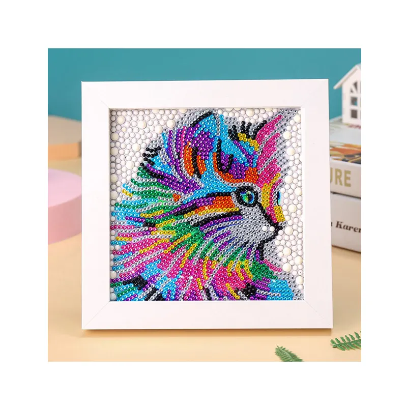 Çerçeveli masaüstü süsler çocuk elmas boyama bulmaca eğlenceli Diy kristal matkap kedi resim numaraları boya kitleri ev dekor