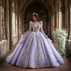 Robe de Quinceañera à manches longues, col montant, fleurs, pour Sweet 15, Vestidos de 15 Anos, avec sequins, perles et dentelle, robe de soirée Xs190 - Product Image 1