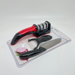 Essentiels de cuisine : Ensemble de 3 pièces en acier inoxydable – Affûteur de couteaux, petit couteau, éplucheur de fruits, pierre à aiguiser avec manche - Product Image 3
