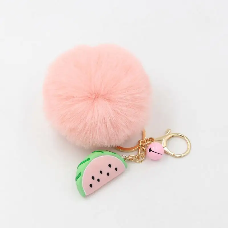 Kawaii pom Pom porte-clés faux lapin boule de fourrure porte-clés pompons de fourrure moelleux sac breloque pendentif décor pastèque porte-clés