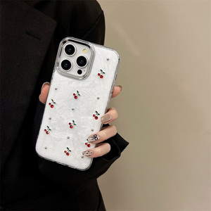 Mới Sang Trọng Màu Đỏ Cherry Kim Cương Điện Thoại Trường Hợp Đối Với iPhone 16 Pro Max 15 14 13 17 3D Mạ Điện Long Lanh Mềm Chống Sốc Bìa <span class=keywords><strong>Shell</strong></span> - Product Image 2