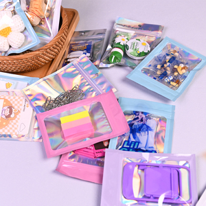 Holografik ambalaj çanta Macaron renk açılıp kapanabilir kendini mühür kilit kemik kılıfı aksesuar Mylar temizle pencere lazer fermuarlı çanta - Product Image 5