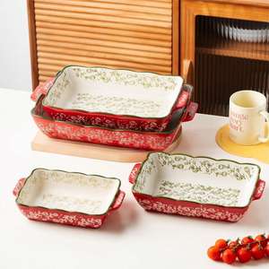 Plat à pâtisserie rectangulaire en céramique de haute qualité, motif vintage rouge peint à la main, pour gâteaux, pizzas, pâtes, vaisselle de cuisine - Product Image 1