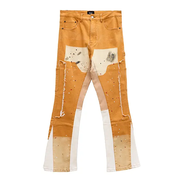 Custom Relaxed Fit Uitlopende Jeans Streetstyle Gestapelde Patchwork Oranje Jeans Heren Broek Top Kwaliteit