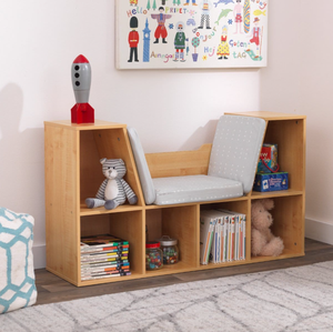 Banco de lectura infantil de madera natural con almacenamiento abierto, organizador ecológico de madera para rincón de lectura infantil con cojín de asiento. - Product Image 6