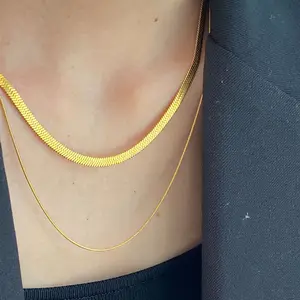 SP Tarnish Free Herringbone Chains 18K Gold Plated Stainless Steel Double Snake Chain Choker Necklace