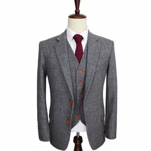 Custom Mens 3 Piece Blazers Set Retro Wool Brown Herringbone Tweed Suit, Tailor Made Slim Fit Suits For Men
