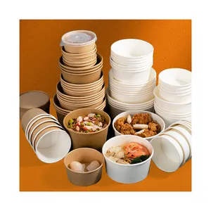 Custom Large Biodegradable Paper Food Bowl Thickened Disposable Paper Bowl With Lid For Food Packaging