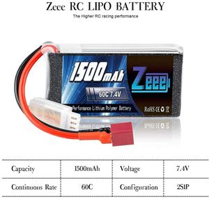 Zeee 7.4V 60C 1500mAh 2S RC Lipoバッテリー (FPVドローンクワッドコプターヘリコプター飛行機用ディーンプラグ付き) - Product Image 4