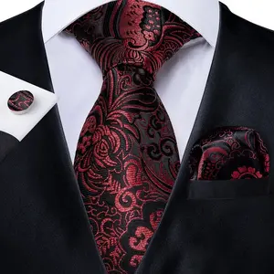 Fashion Emborided Black and Red Paisley Silk Tie for Men