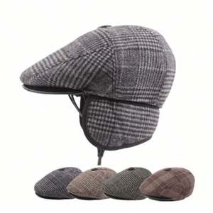 Custom Multiple Size Tweed Plaid Quilted Winter <b>Cap</b> Warm Earflap Old Man <b>Men</b> <b>Flat</b> Ivy Beret for Sports Parties Fishing - Product Image 1