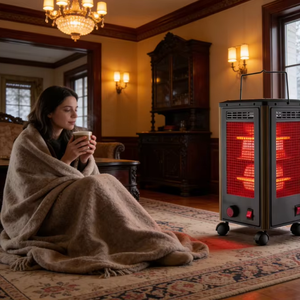 Aquecedor de Quartzo QH-200M de 5 Lados 2000W com Timer de 3 Horas, Rodas e Proteção de Inclinação, Certificado CE para Apartamentos Europeus - Product Image 1