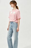 Haut à manches courtes pour femme, col rond, avec fleurs 3D appliquées, chemisier à volants aux poignets, tee-shirt décontracté, personnalisation OEM, vente en gros