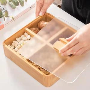 <b>Bamboo</b> Lidded Nut Tray 4 Compartment Square Food <b>Container</b> With Acrylic Lid For Snack Storage - Product Image 4