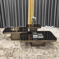 Ventes directes d'usine Carré En Acier Inoxydable Brossé 3 Ensembles Table Basse Salon De Luxe Avec Plateau En Verre Trempé Brun