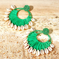 BOHEMIA Boucles d'oreilles créoles en macramé de raphia tressé à la main avec coquillages, pour femme