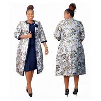 Femme Lady Plus Size African Autumn Dress Set Floral 2 Piece Set Lady Clothing Coat + Dress Midi Length Casual Dress Suits