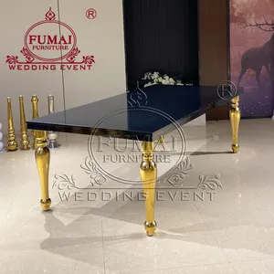 Mesa de eventos de acero inoxidable, marco dorado superior de MDF negro para 10 asientos