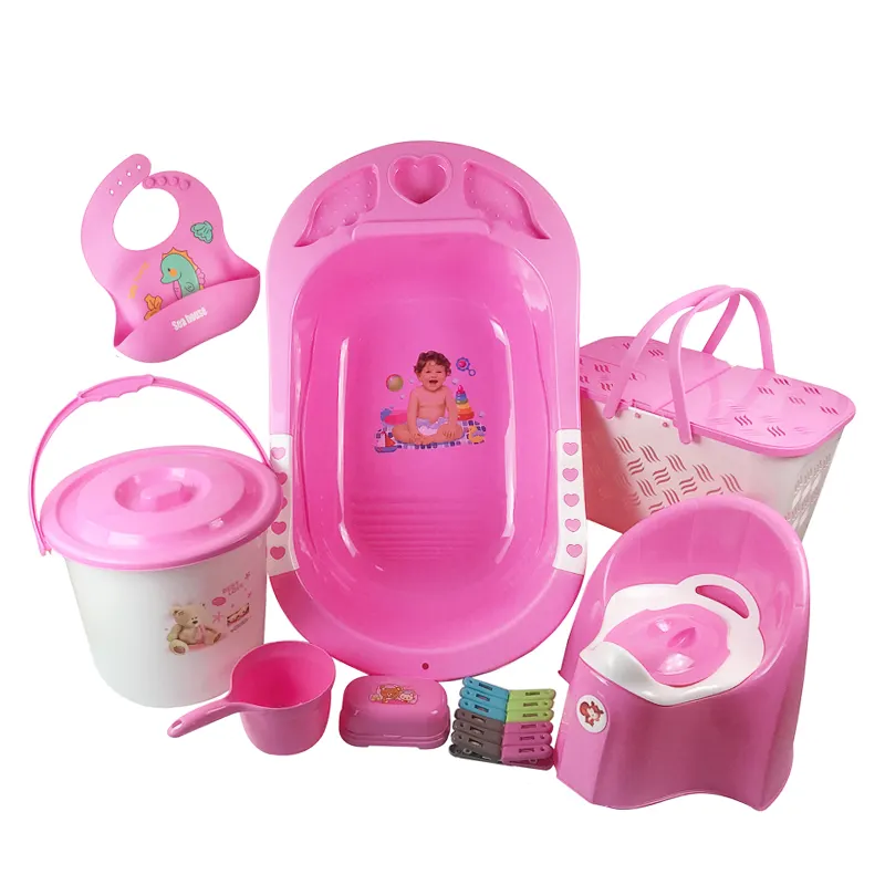 Produtos de banho para bebês, conjunto de banho para bebês recém-nascidos, 8 peças com banheira, babadores de silicone para treinamento de penico