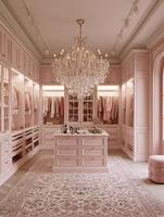 Dressing sur mesure de style européen de luxe, rose, sculpté, avec îlot central, pour villa