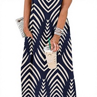 Robe longue en satin à imprimé géométrique, col rond, manches courtes, coupe ample décontractée, respirante, grande taille pour femme