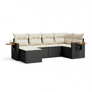 Ensemble de canapés de jardin en rotin noir avec coussins crème, mobilier d'extérieur au design contemporain, résistant à l'eau et aux UV, en matériau PE - Product Image 1