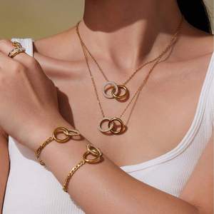 Stainless Steel Gold Plated Islamic Double Ring Design Zircon Pendant Necklace <b>Bracelet</b> <b>Set</b> Women Trendy Fine Accessories - Product Image 2