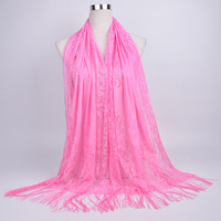 Long Style Lady Châle Musulman Hijab Écharpe avec Dentelle Évider Frange Solide Couleur Soie Style D'été En Polyester
