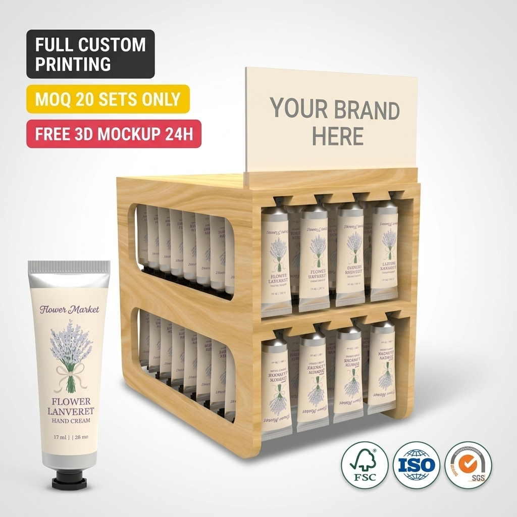 Custom Wood Skincare Display Stand Gravity Fed Auto Feed Cosmetic Rack 2 Tier Countertop Hand Cream Organizer Manufacturer OEM — view 1