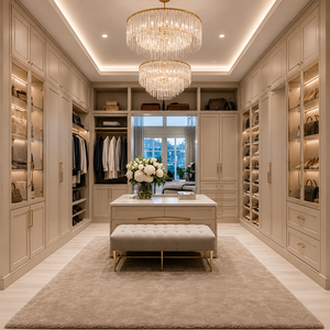 Système de <span class=keywords><strong>dressing</strong></span> de luxe haut de gamme pour projets de villas avec rangement <span class=keywords><strong>massif</strong></span> à niveaux, armoire professionnelle certifiée FSC - Product Image 1