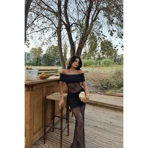 Robe longue de soirée trapèze avec détails en dentelle et sequins, en polyester crocheté, taille empire, col cœur, style vintage, taille XL, noire - Product Image 4