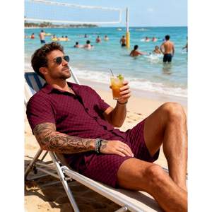 Ensemble de survêtement en velours pour homme, 2 pièces, chemise à manches courtes et short, tenue décontractée pour la plage - Product Image 1