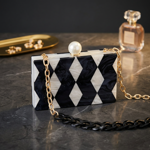 <b>Black</b> White Marbled Diamond Resin <b>Clutch</b> <b>Bag</b> with Pearl Clasp Gold Chain Luxury Handmade Evening Purse Unique Style Latest - Product Image 1
