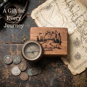 Vintage Brass <b>Compass</b> with Wooden Box <b>Engraved</b> Adventure Awaits Hiking Gift Portable Analog Hanging Ring Guide - Product Image 3