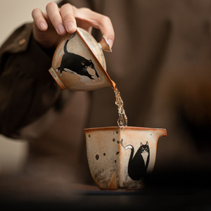 Чайная чашка и гайвань из винтажной японской керамики ручной работы, 130 мл, классический дизайн, экологически чистый, с рисунком кошки - Product Image 2