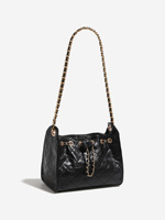 Sac fourre-tout élégant en cuir PU noir avec cordon de serrage et chaîne, matelassé de luxe, fermeture ouverte, pour femme, OEM ODM