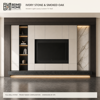 Meuble TV moderne minimaliste en bois massif, unité murale TV du sol au plafond avec rangement blanc, centre multimédia en noyer pour salon