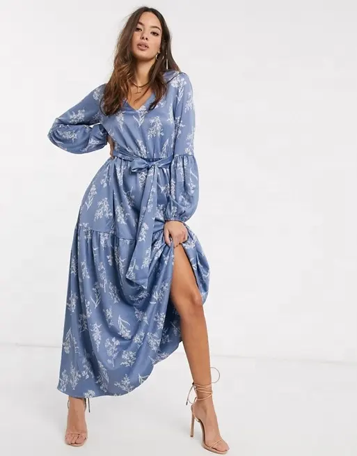 Elegant v-neck maxi dress with balloon sleeves in blue floral women long dress