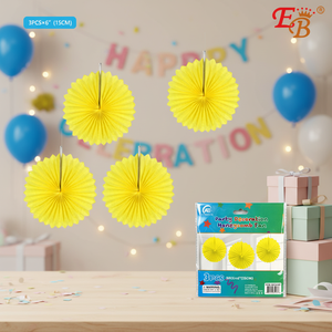 Éventail en nid d'abeille jaune de 6 pouces, lot de 3, décoration de fête, 144 pièces par carton, modèle 75167A pour une ambiance festive - Product Image 3