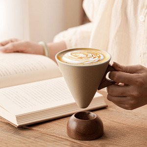 Tasse à <span class=keywords><strong>café</strong></span> cappuccino en grès 250ML personnalisée soucoupe en forme d'entonnoir réutilisable expresso lait thé tasse en céramique avec base en bois - Product Image 4