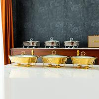 Ensemble de 3 réchauds en céramique martelée dorée avec couvercle en verre et support chauffant doré, chauffe-plats rectangulaire pour buffet et traiteur