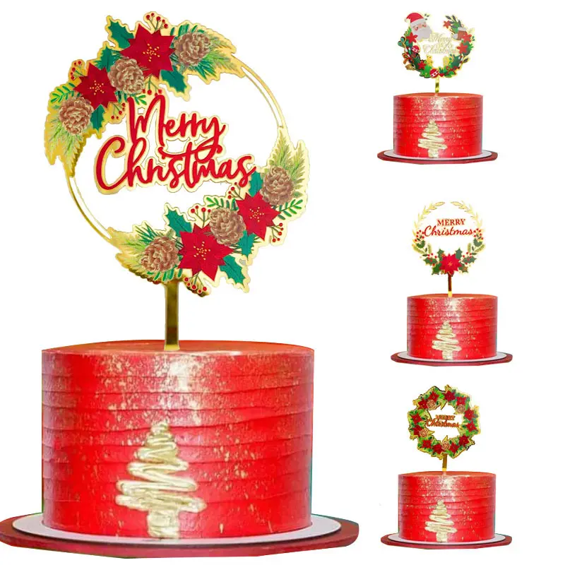 Colorful printing flowers Christmas acrylic party cake ornaments Christmas cake topper baking cake decoration