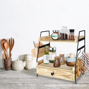 Étagère de rangement double couche en bois et métal pour bureau, avec tiroirs, pour comptoir de salle de bain et épices de cuisine - Product Image 3