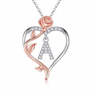 Colliers coeur cadeaux pour femmes, argent sterling 925 Rose amour coeur lettre initiale pendentif collier bijoux