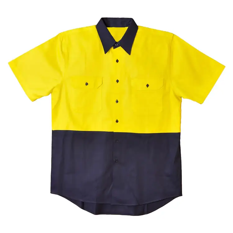 Hot Sale High Visibility Cotton Drill Yellow / Navy Two Tone Hi Vis Short Sleeve Industrial Workwear Mechanic Uniform Work Shirt